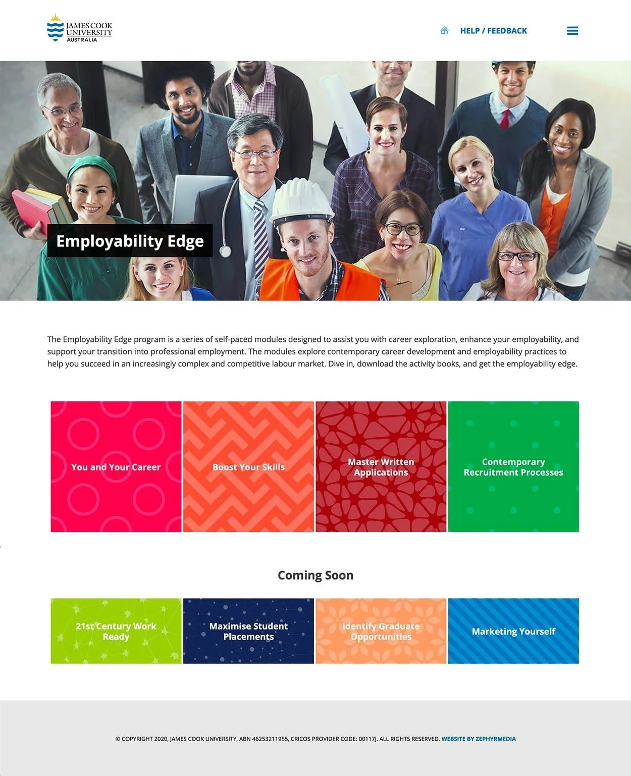 JCU Employability Edge home page layout